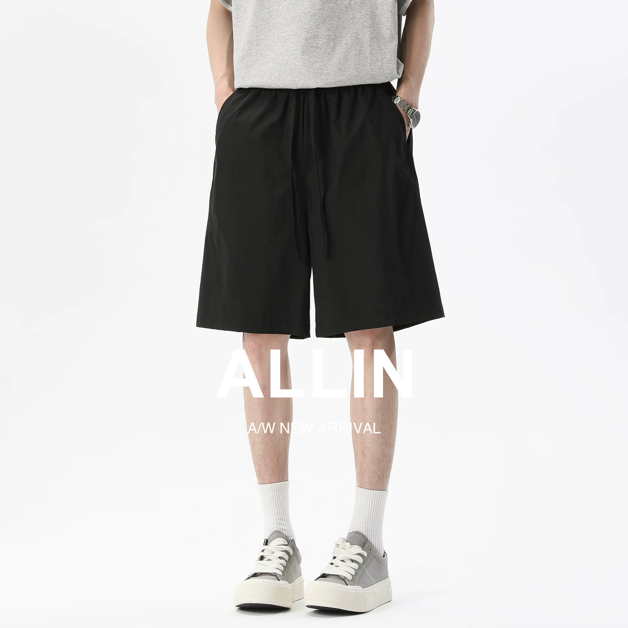 ALLIN 薄款冰丝休闲短裤男夏季潮牌宽松垂感透气百搭直筒五分中裤