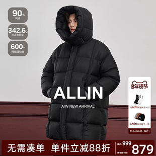 ALLIN 奢感雪山中长款90羽绒服男女冬季连帽宽松h型羽绒大衣外套