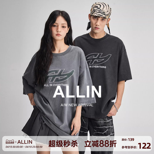 ALLIN 纯棉重磅情侣装短袖t恤男女同款夏季潮牌印花半袖圆领上衣