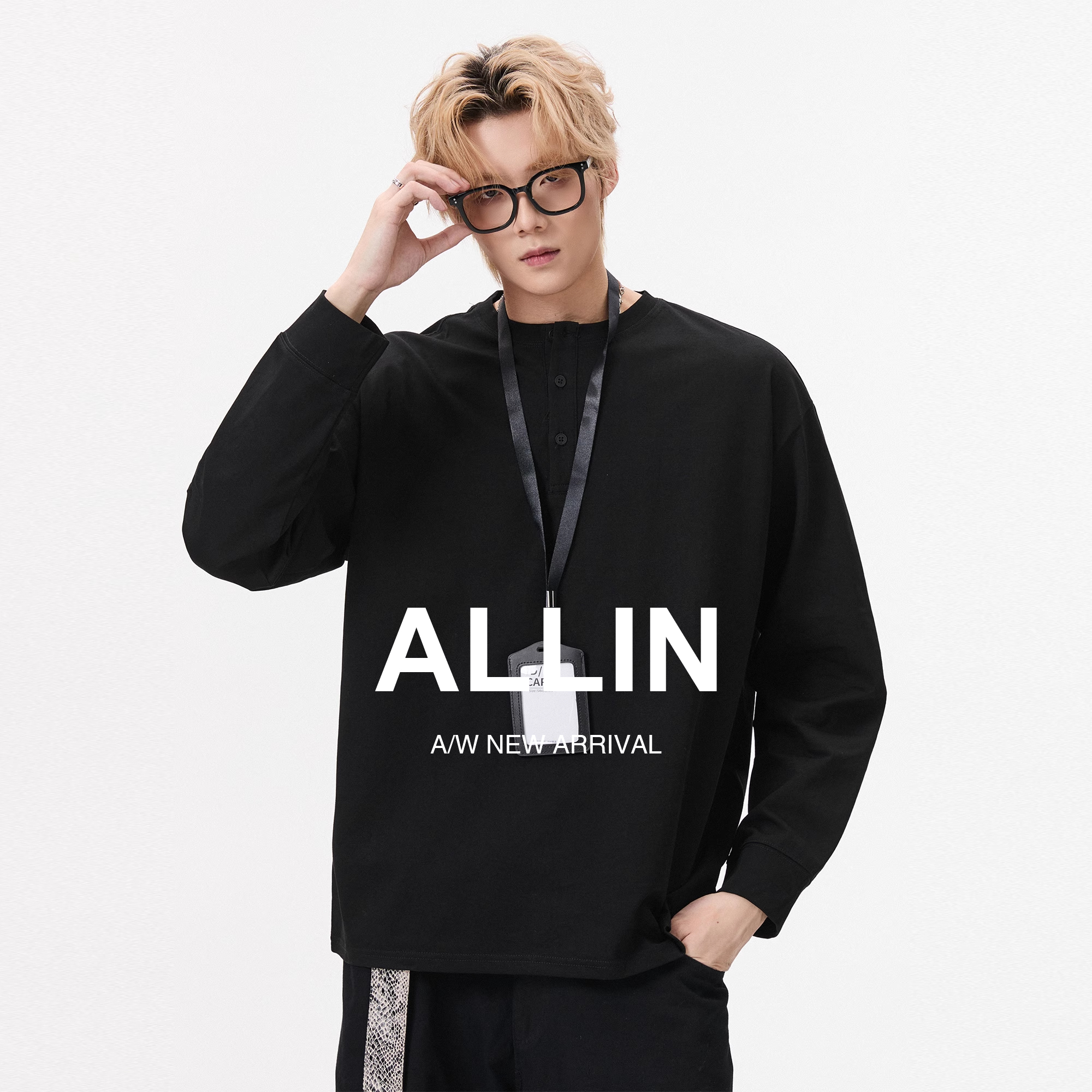ALLIN 亨利领长袖T恤男秋季宽松纯色潮牌情侣体恤休闲打底衫上衣