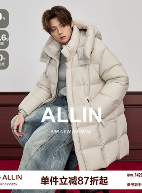 ALLIN 90绒宽松h型羽绒服大衣男冬季加厚保暖防寒连帽中长款外套