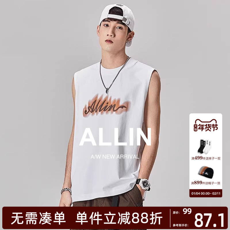ALLIN 黑色无袖背心t恤男夏季美式潮牌字母印花运动速干坎肩上