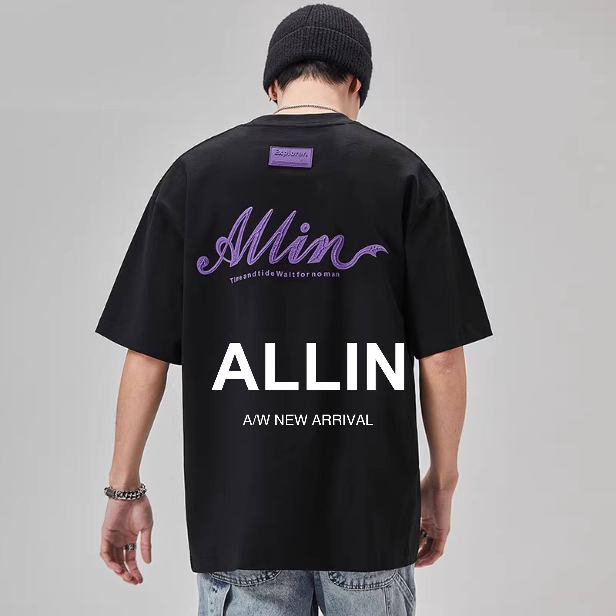 ALLIN 重磅纯棉短袖t恤男女夏季黑色五分袖字母发泡印花半袖上
