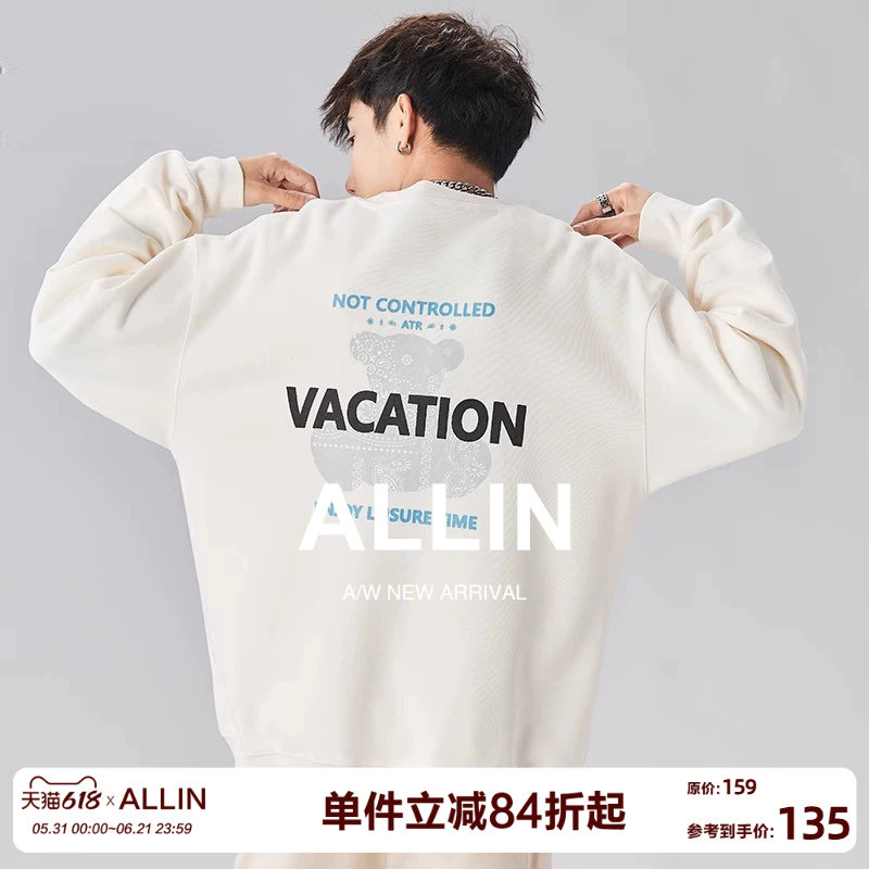 ALLIN 小熊长袖无帽卫衣男春秋美式潮牌印花宽松圆领套头情侣上衣