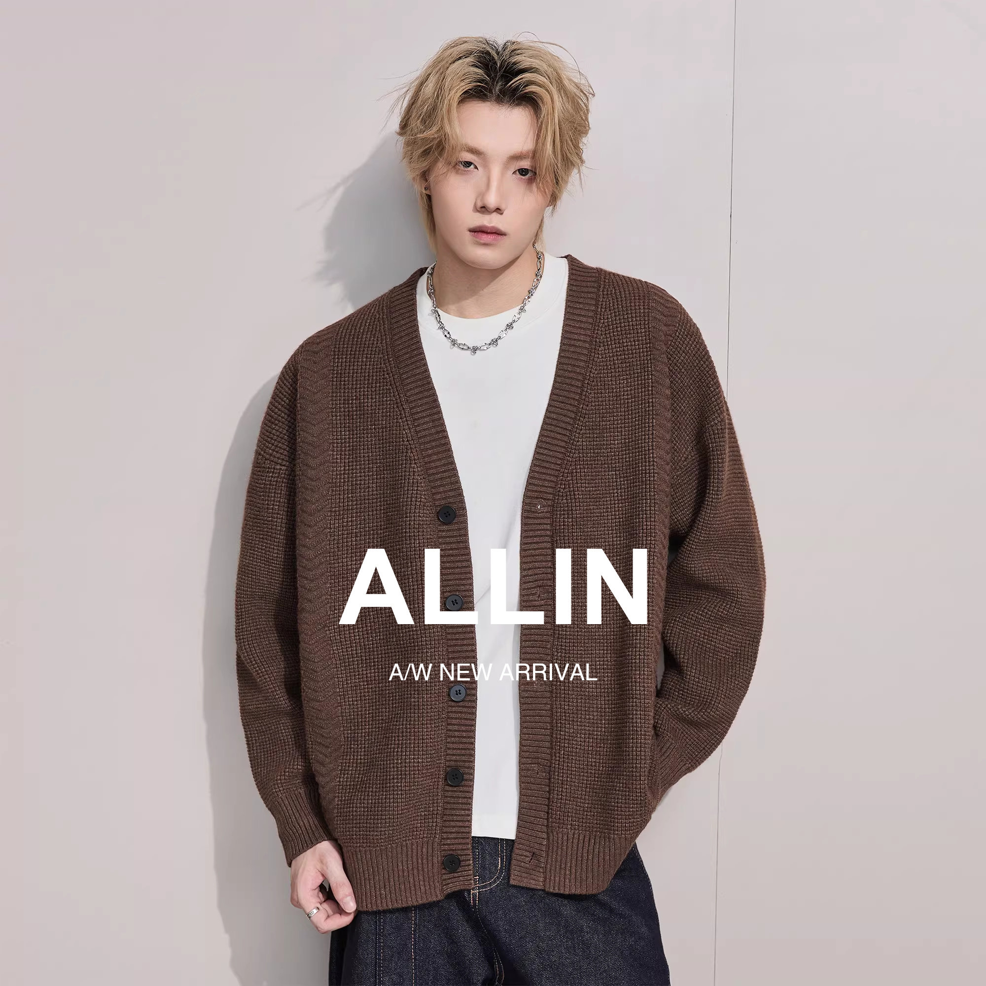 ALLIN 美式慵懒针织开衫毛衣男春秋潮牌情侣休闲V领上衣通勤外