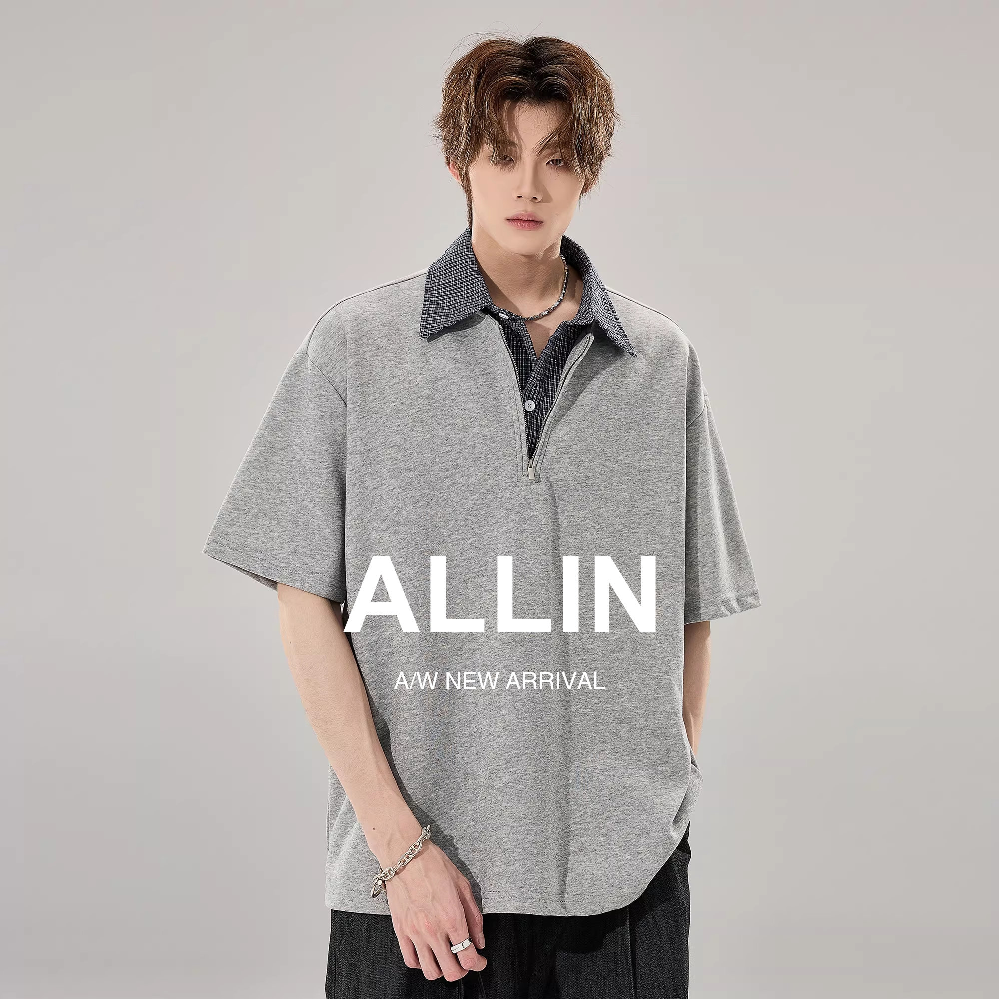 ALLIN 假两件衬衫领拼接短袖T恤男夏季半袖polo衫半拉链情