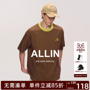 潮牌圆领撞色休闲情侣半袖 ALLIN 美式 t恤男夏季 上衣 字母刺绣短袖