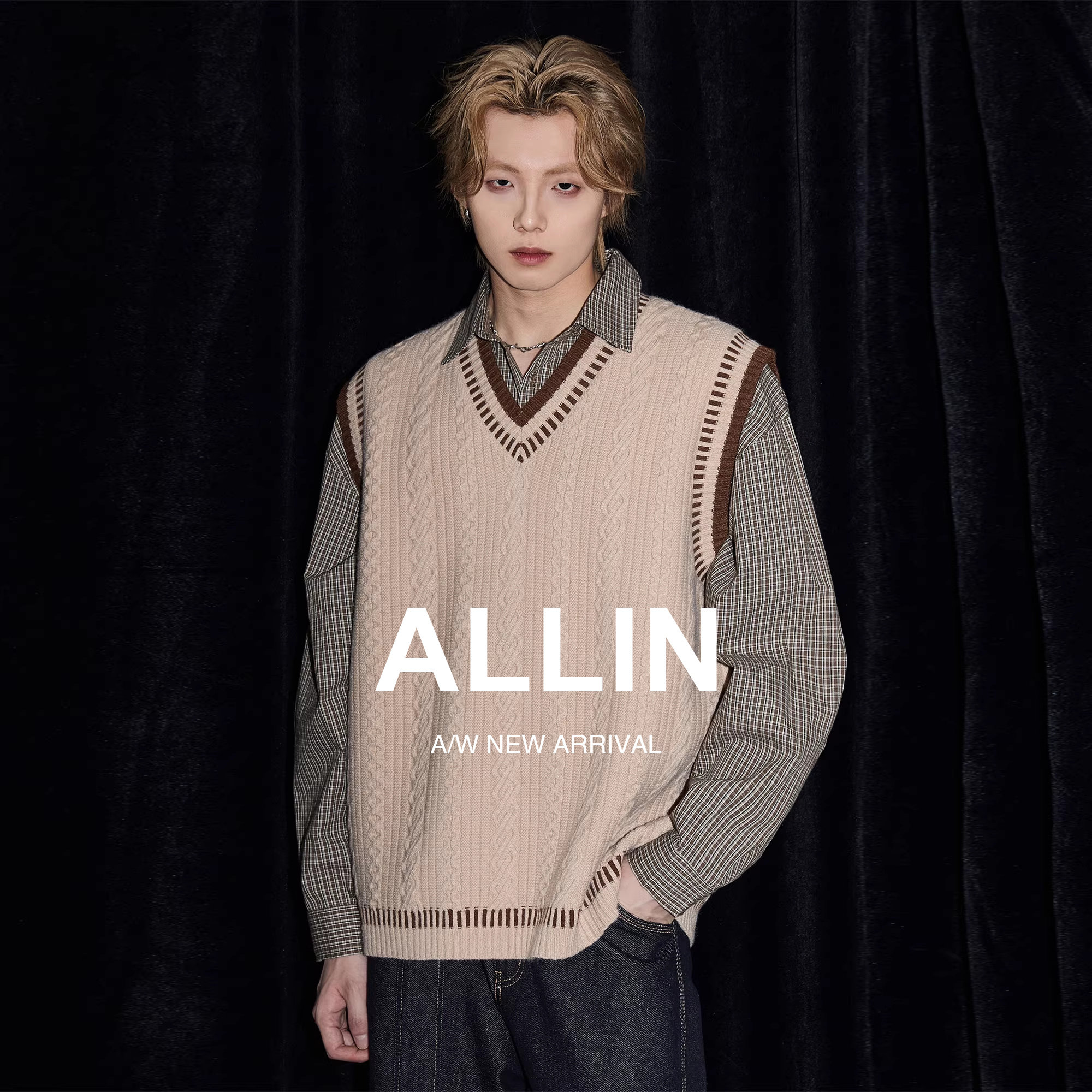 ALLIN 学院风麻花毛衣男春秋休闲V领背心针织衫情侣宽松坎肩上