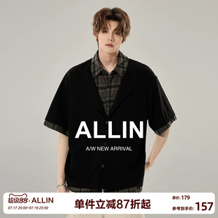 ALLIN 假两件老钱风短袖衬衫男夏季透气针织开衫格子翻领拼接衬衣