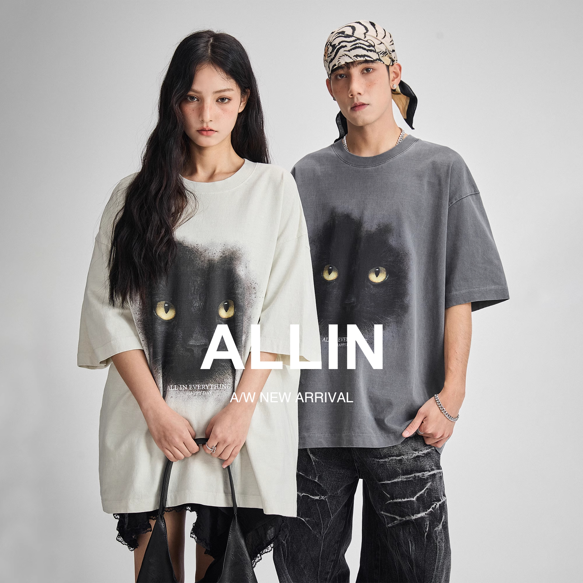ALLIN 黑猫印花短袖t恤男2025夏季新款潮牌纯棉重磅情侣半袖上衣