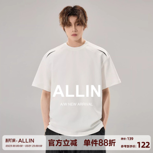 情侣白色体恤潮牌宽松上衣 T恤男夏季 ALLIN 格纹镂空拼接解构短袖