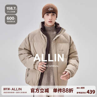 简约加厚保暖情侣无帽立领外套 潮牌短款 ALLIN 白鸭绒羽绒服男冬季