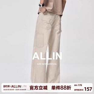 宽松直筒阔腿长裤 男春秋纯棉美式 子 休闲cleanfit弯刀牛仔裤 ALLIN