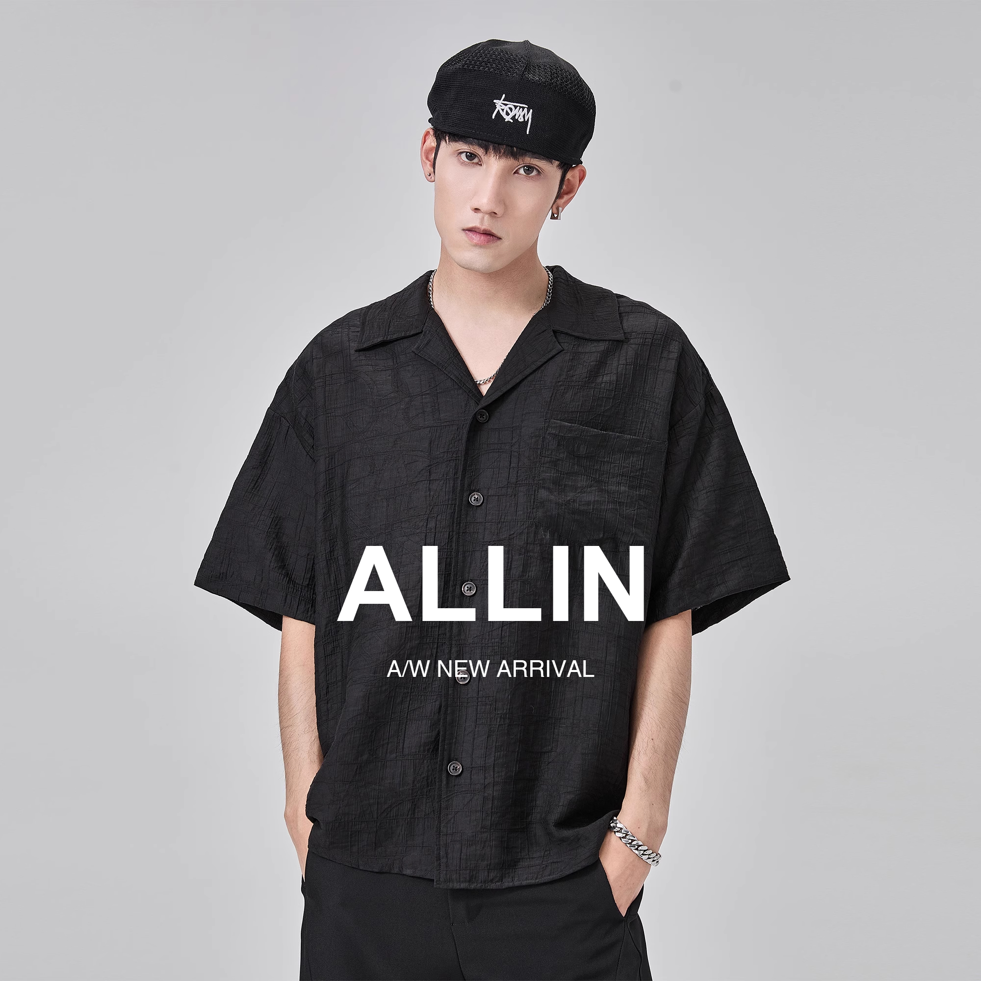 ALLIN 复古短袖衬衫外套男夏季纹理感半袖宽松古巴领休闲衬衣上衣