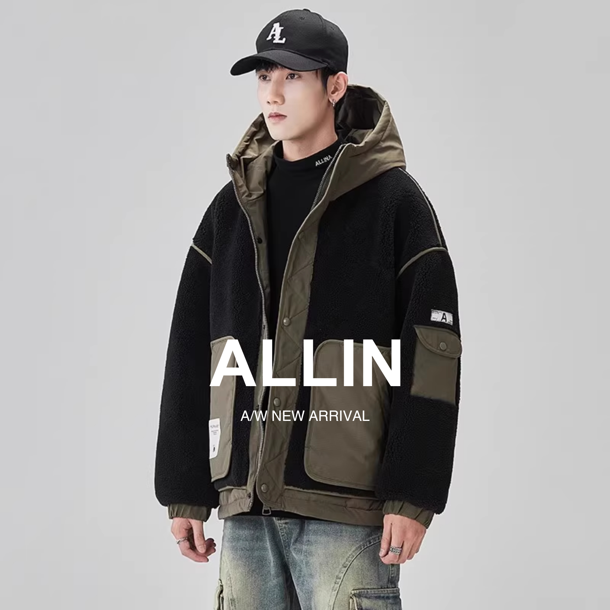 ALLIN鸭绒羊羔绒拼接保暖羽绒服