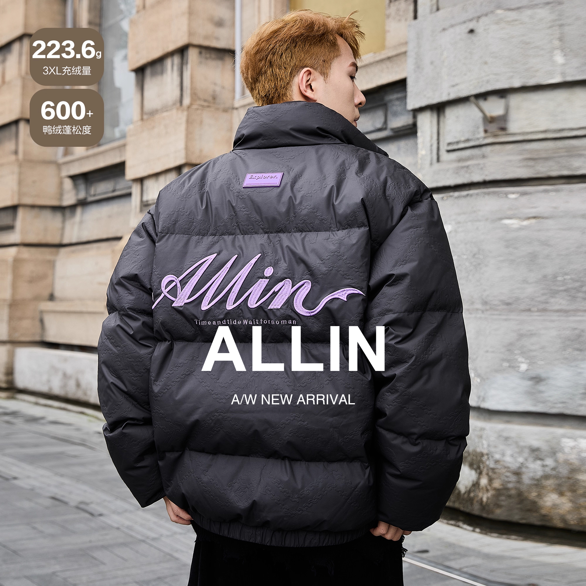 ALLIN 黑色鸭绒羽绒服男款冬季美式潮牌字母刺绣立领短款情侣外套