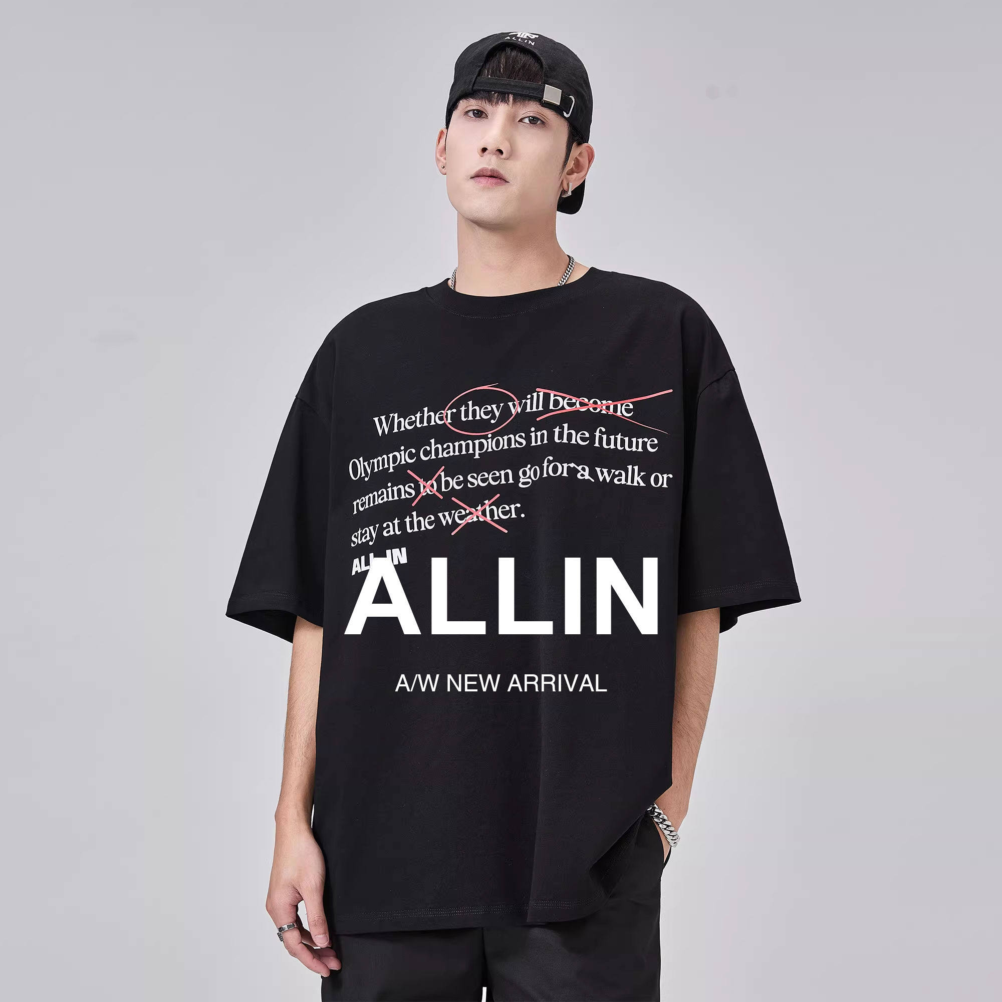 ALLIN 美式短袖t恤男夏季潮牌情侣字母印花重磅纯棉黑色半袖上
