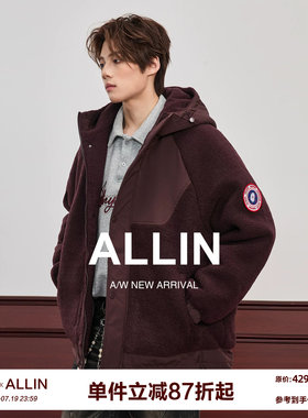 ALLIN 羊羔绒连帽外套男秋冬潮牌工装加厚颗粒绒拼接情侣棉衣夹克