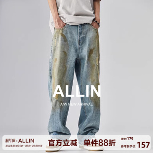 复古高街拖地裤 ALLIN 潮牌阔腿裤 男春秋宽松直筒美式 子 破洞牛仔裤