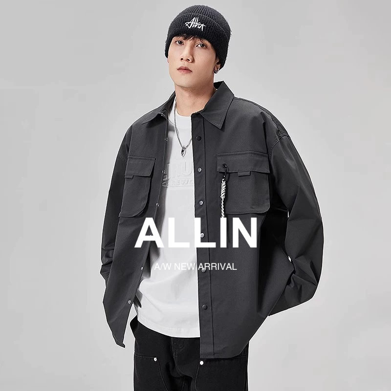 ALLIN 长袖衬衫男春秋美式痞帅翻领宽松百搭衬衣港风男生休闲外
