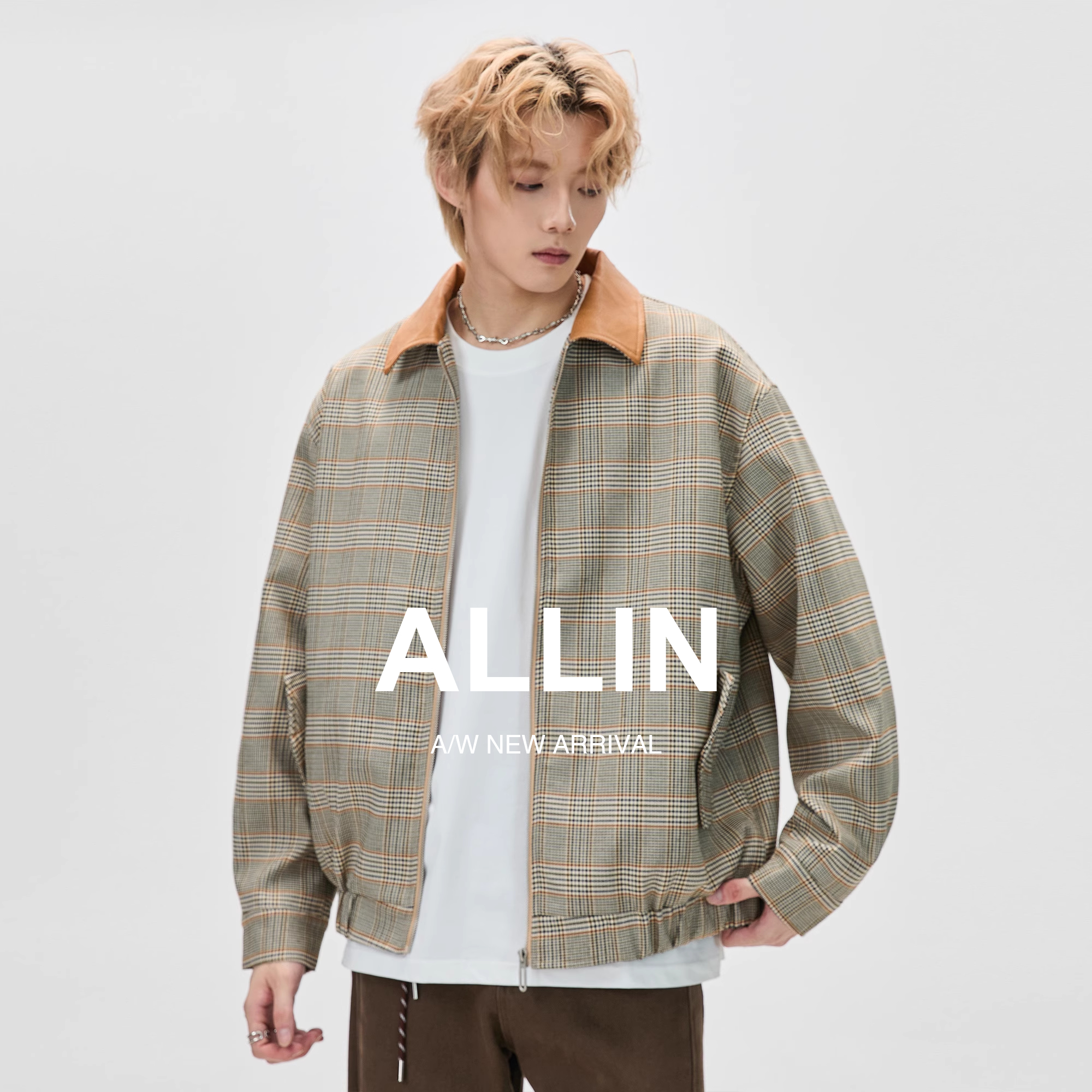 ALLIN 复古老钱风cleanfit翻领夹克男秋季潮牌千鸟格休闲情侣外套