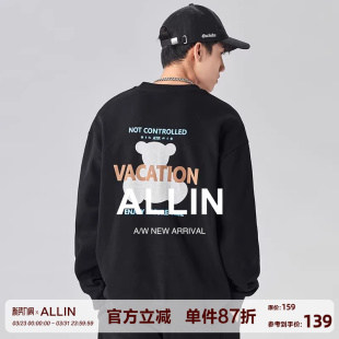 印花潮牌黑色宽松圆领情侣上衣 重磅卫衣男春秋美式 ALLIN 小熊长袖
