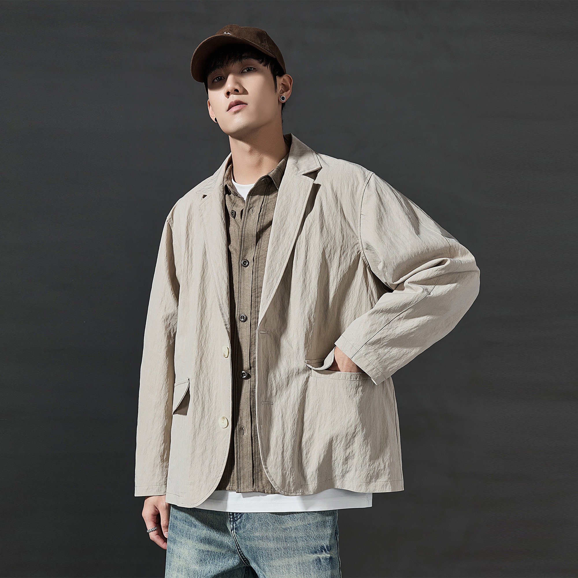 ALLIN 日系宽松廓形休闲西服男春秋新款cleanfit垂感纯色夹克外套