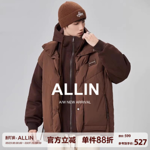ALLIN 保暖拼接撞色防寒情侣潮牌鸭绒外套 假两件连帽羽绒服男冬季