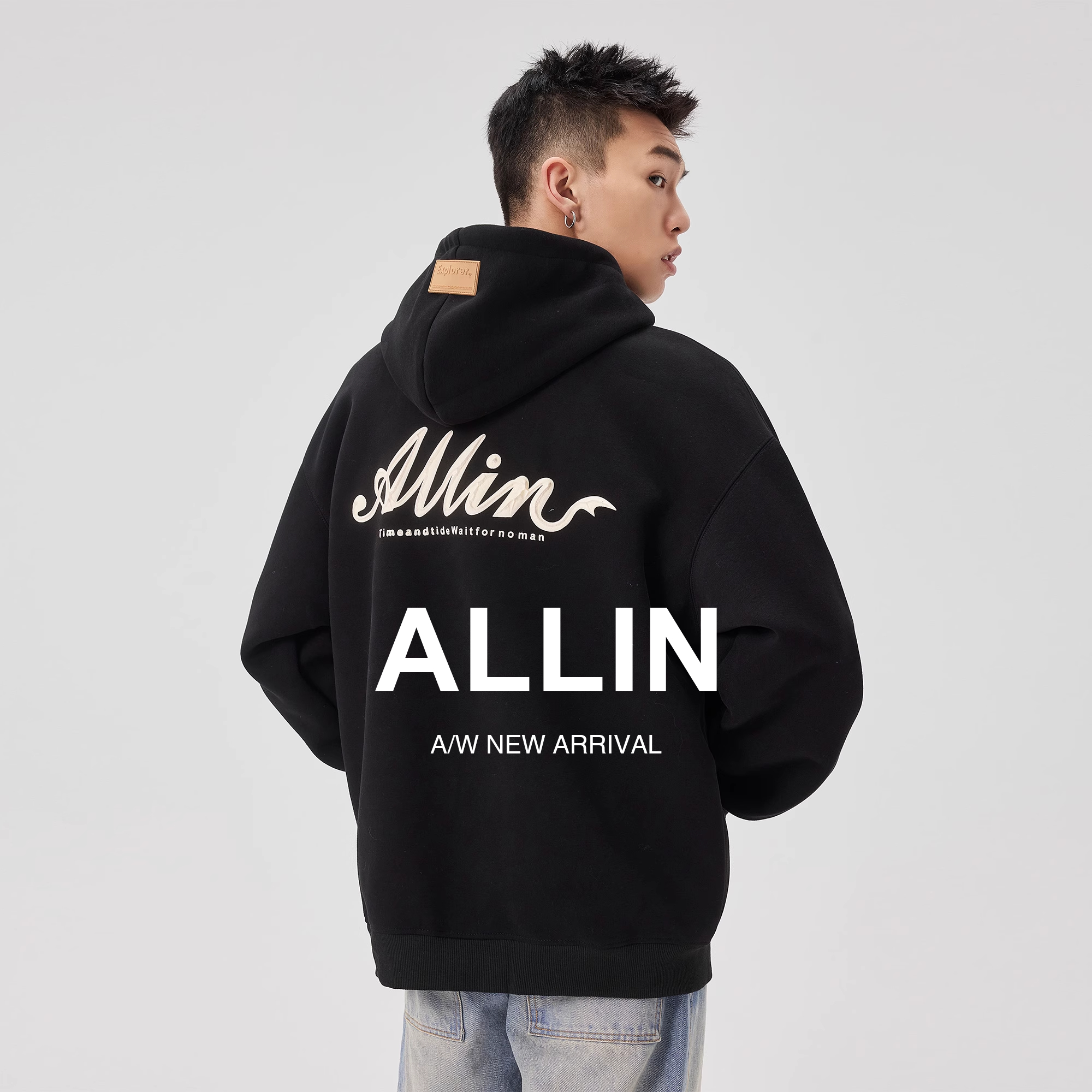 ALLIN 黑色连帽卫衣男春秋美式潮牌重磅字母印花套头情侣上衣外套