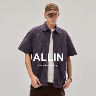 ALLIN 潮牌拼接短袖衬衫男显瘦百搭ins网红同款校园通勤情侣上衣