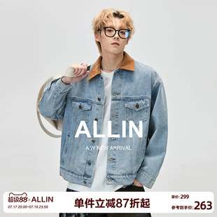 ALLIN 麂皮绒翻领拼接牛仔外套男春秋季美式工装水洗情侣休闲外套