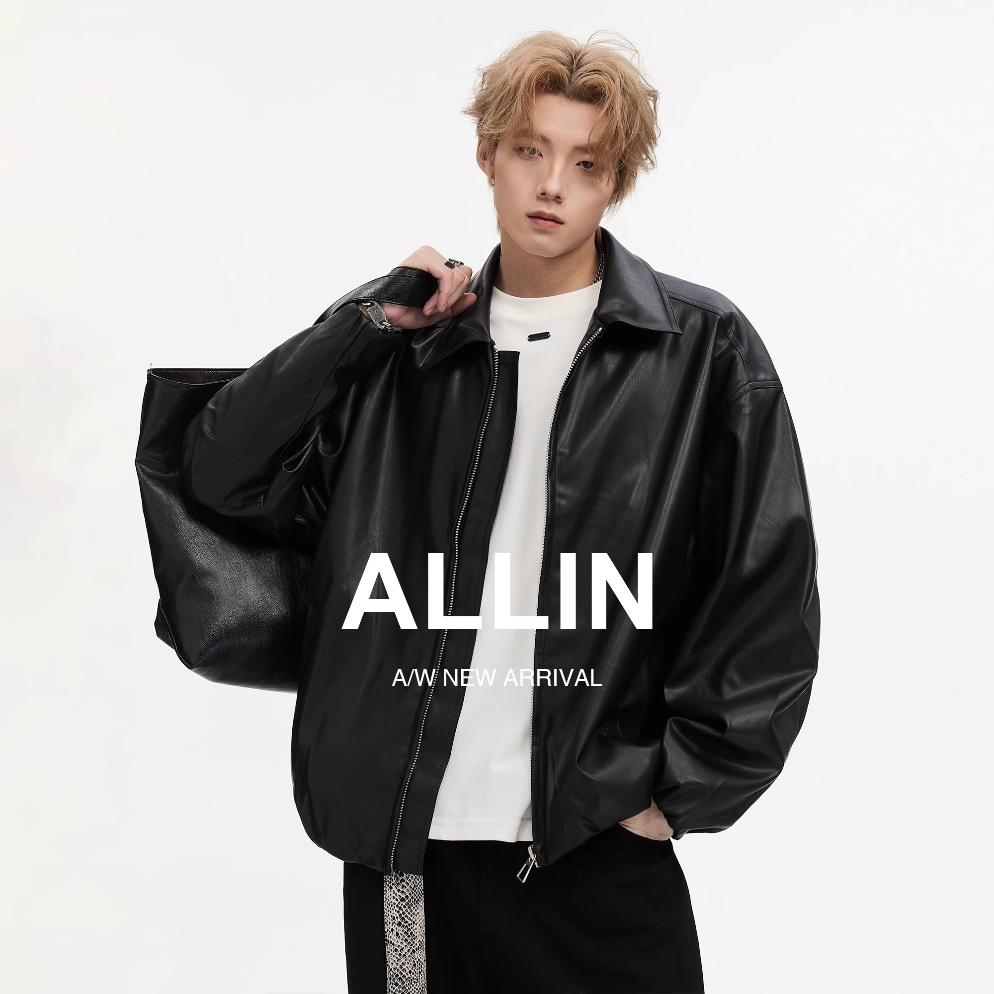 ALLIN 黑色cleanfit皮衣外套男秋季高级感痞帅美式潮牌机车皮夹克
