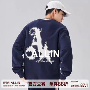 复古潮牌字母印花圆领港风上衣 春秋美式 ALLIN 藏青色无帽卫衣男士