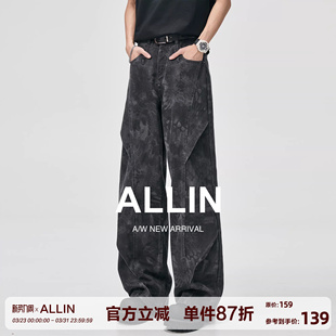 子 男春秋宽松cleanfit解构阔腿长裤 ALLIN 褶皱水洗印花弯刀牛仔裤
