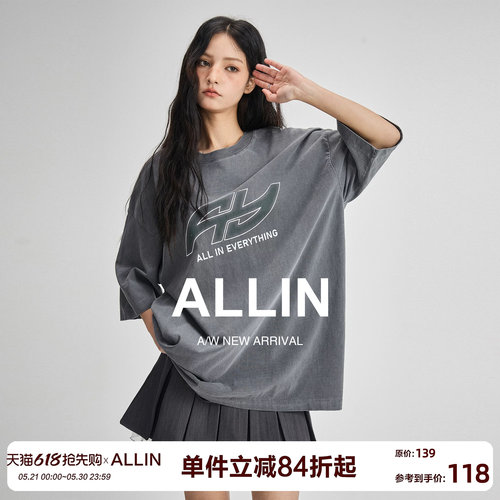ALLIN 重磅纯棉短袖t恤男女同款夏季品牌LOGO印花半袖情侣装上衣