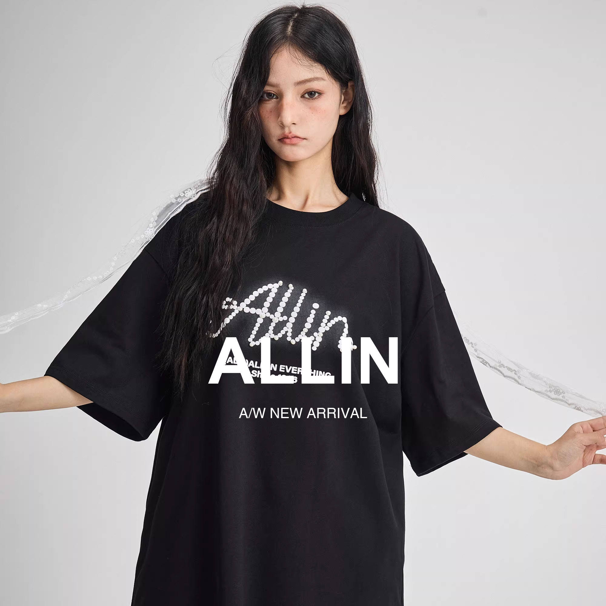 ALLIN 黑色短袖t恤男女同款夏季纯棉重磅体恤情侣装半袖印花上