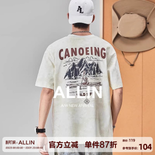 潮牌五分半袖 t恤男夏季 体恤宽松山水字母印花上衣 重磅短袖 ALLIN