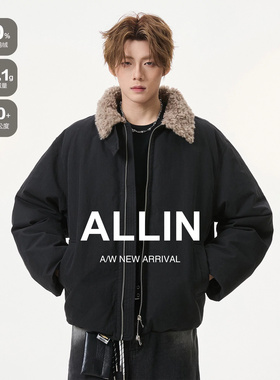 ALLIN 黑色短款毛领羽绒服男生冬季保暖cleanfit翻领夹克情侣外套