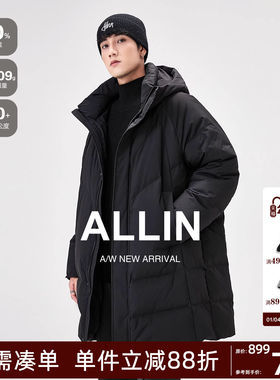ALLIN 黑色连帽羽绒服男冬季90白鸭绒加厚保暖防寒情侣中长款外套