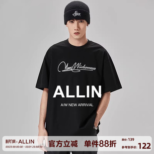 重磅立体字母印花体恤半袖 t恤男夏季 宽松情侣上衣 黑色短袖 ALLIN