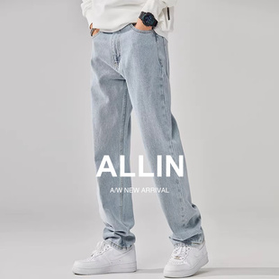 复古潮牌纯棉垂感直筒宽松阔腿裤 男美式 子 浅蓝色水洗牛仔裤 ALLIN