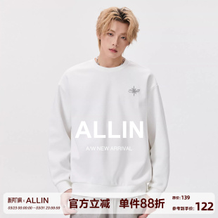 宽松百搭内搭休闲情侣上衣 落肩袖 ALLIN 白色刺绣重磅卫衣男春秋季