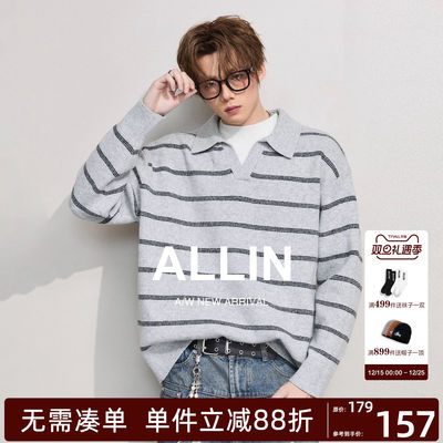 ALLIN 假两件POLO翻领针织衫男秋冬季含羊毛条纹休闲情侣慵懒毛衣