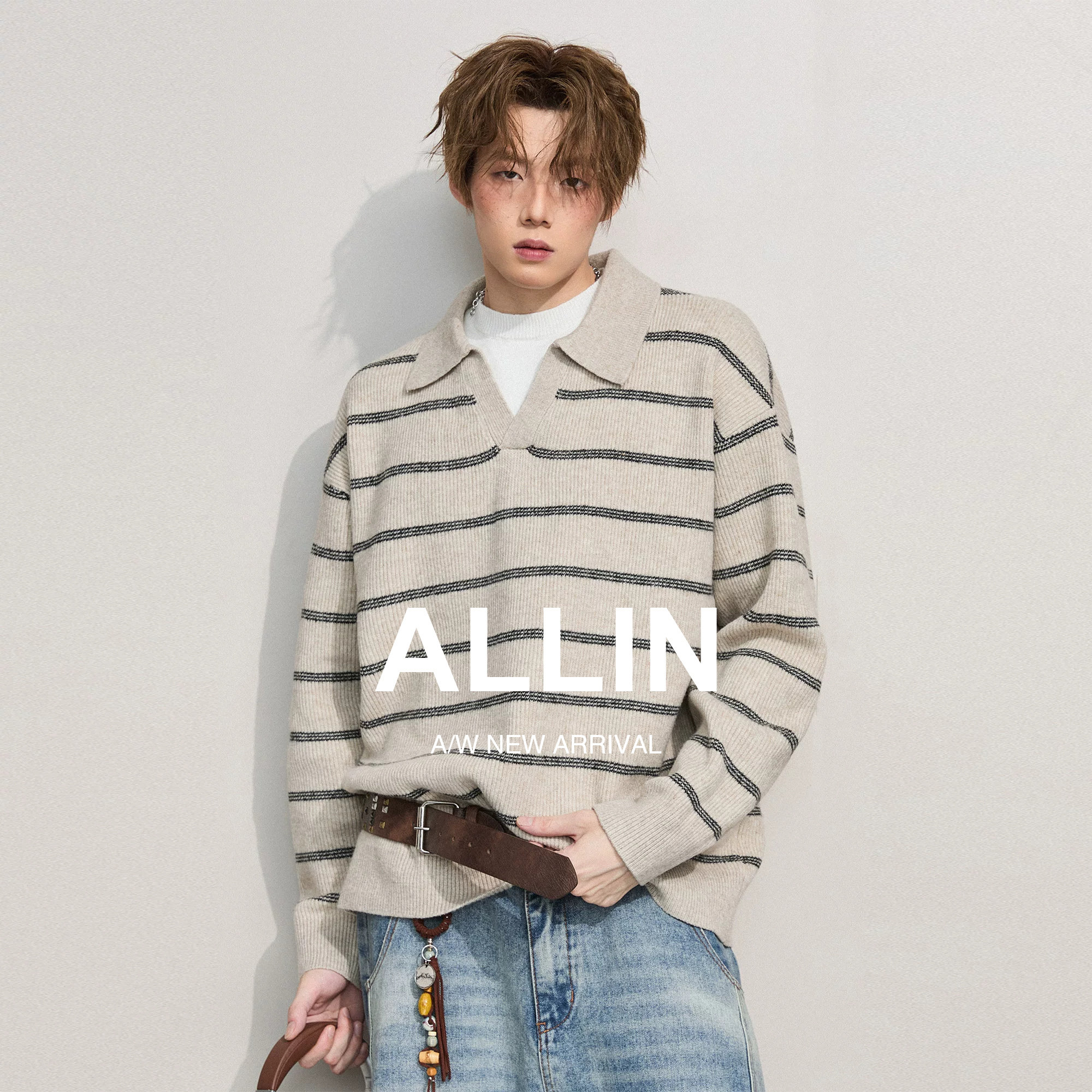 ALLIN 假两件条纹POLO翻领毛衣男春秋情侣慵懒风含羊毛针织衫外套