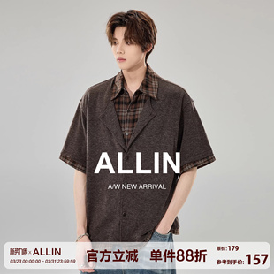 男女夏季 衬衫 透气格子纹翻领拼接衬衣 假两件仿兔毛针织短袖 ALLIN