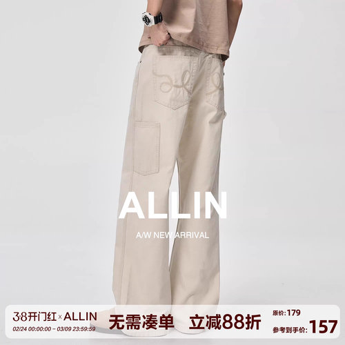 ALLIN 休闲cleanfit弯刀牛仔裤男夏季纯棉美式宽松直筒阔腿长裤子