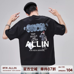 美式 ALLIN 后背卡通印花半袖 t恤男夏季 宽松上衣 重磅黑色落肩短袖