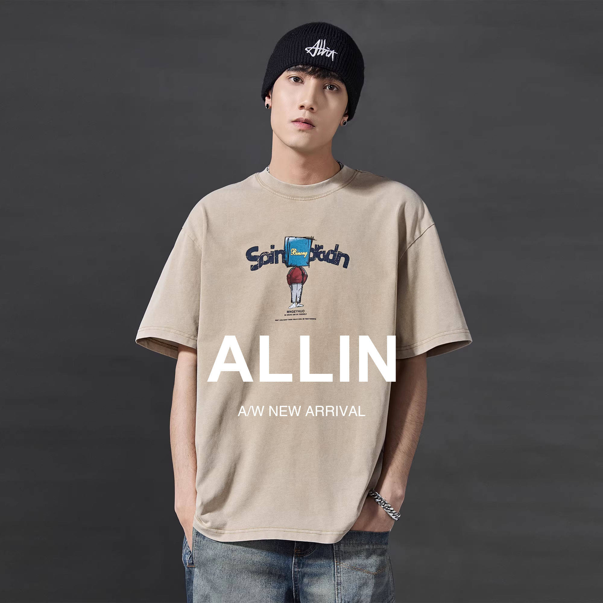 ALLIN美式潮牌卡通字母印花短袖T恤男夏重磅纯棉宽松圆领打底半