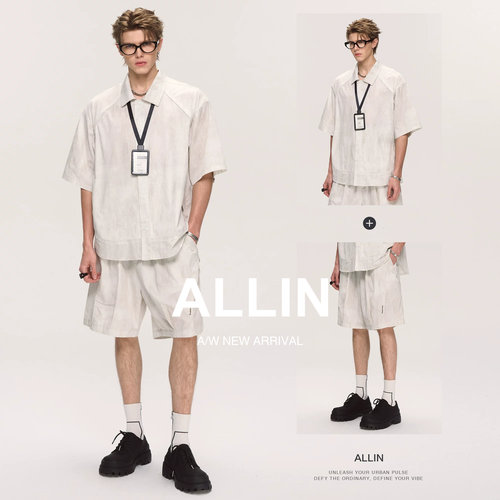 ALLIN 潮牌翻领短袖衬衫休闲短裤两件套男夏季美式高级感轻奢套装