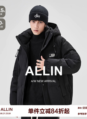 ALLIN 黑色连帽羽绒服男款冬季字母印花美式潮牌加厚保暖情侣外套